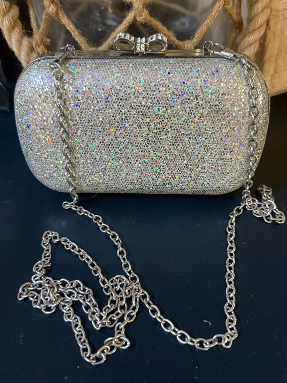 Silver clutch with Rhinestone bow top